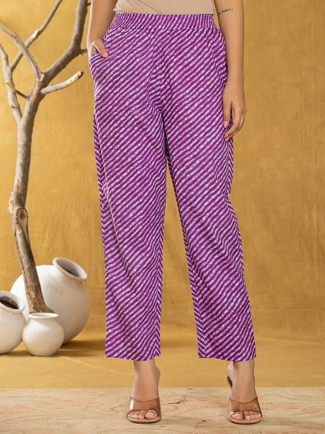 Yufta Purple Bandhani Cotton Straight Kurta Trouser & Dupatta Set