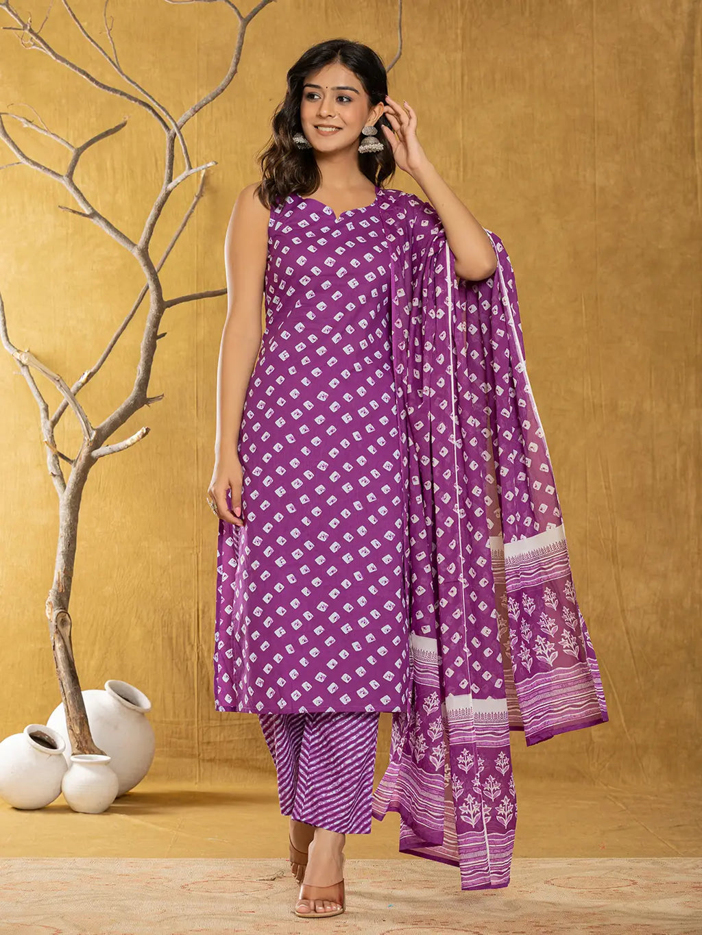 Yufta Purple Bandhani Cotton Straight Kurta Trouser & Dupatta Set