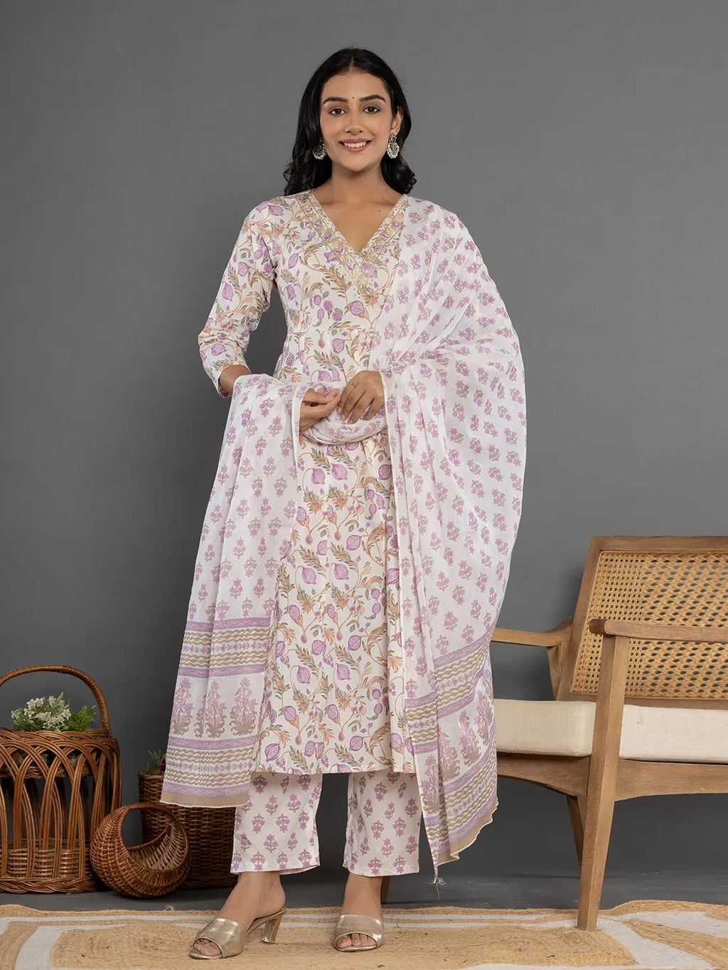Yufta Purple Beads & Stones Cotton Anarkali Kurta Dupatta Pant Set