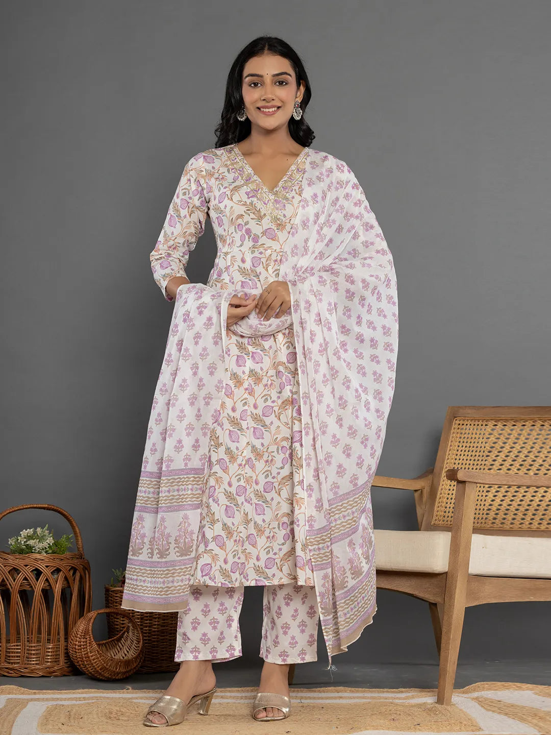 Yufta Purple Beads & Stones Cotton Anarkali Kurta Dupatta Pant Set