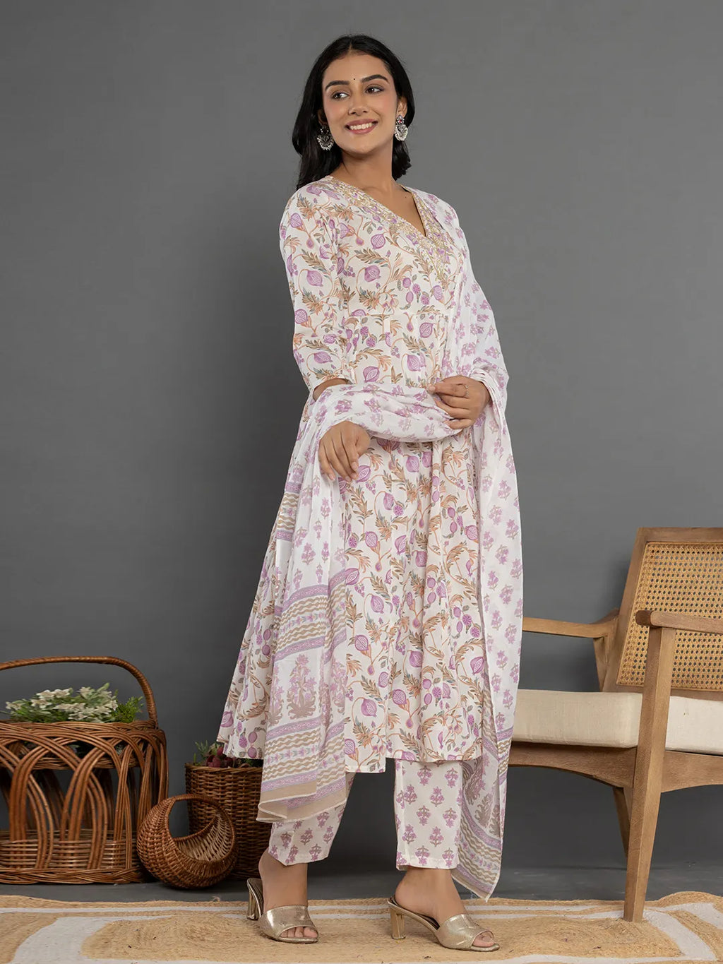 Yufta Purple Beads & Stones Cotton Anarkali Kurta Dupatta Pant Set