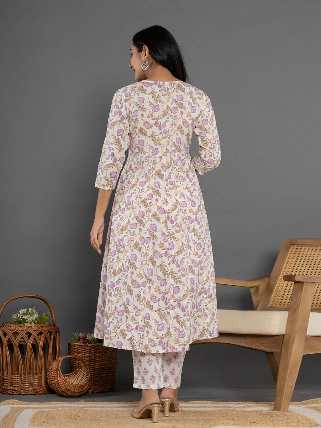 Yufta Purple Beads & Stones Cotton Anarkali Kurta Dupatta Pant Set