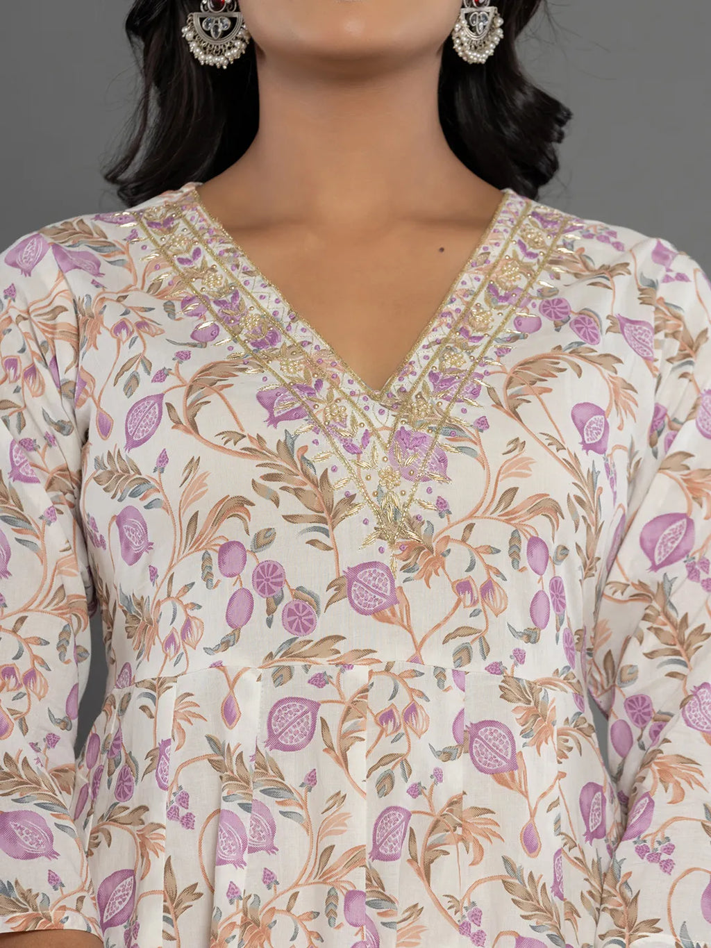 Yufta Purple Beads & Stones Cotton Anarkali Kurta Dupatta Pant Set