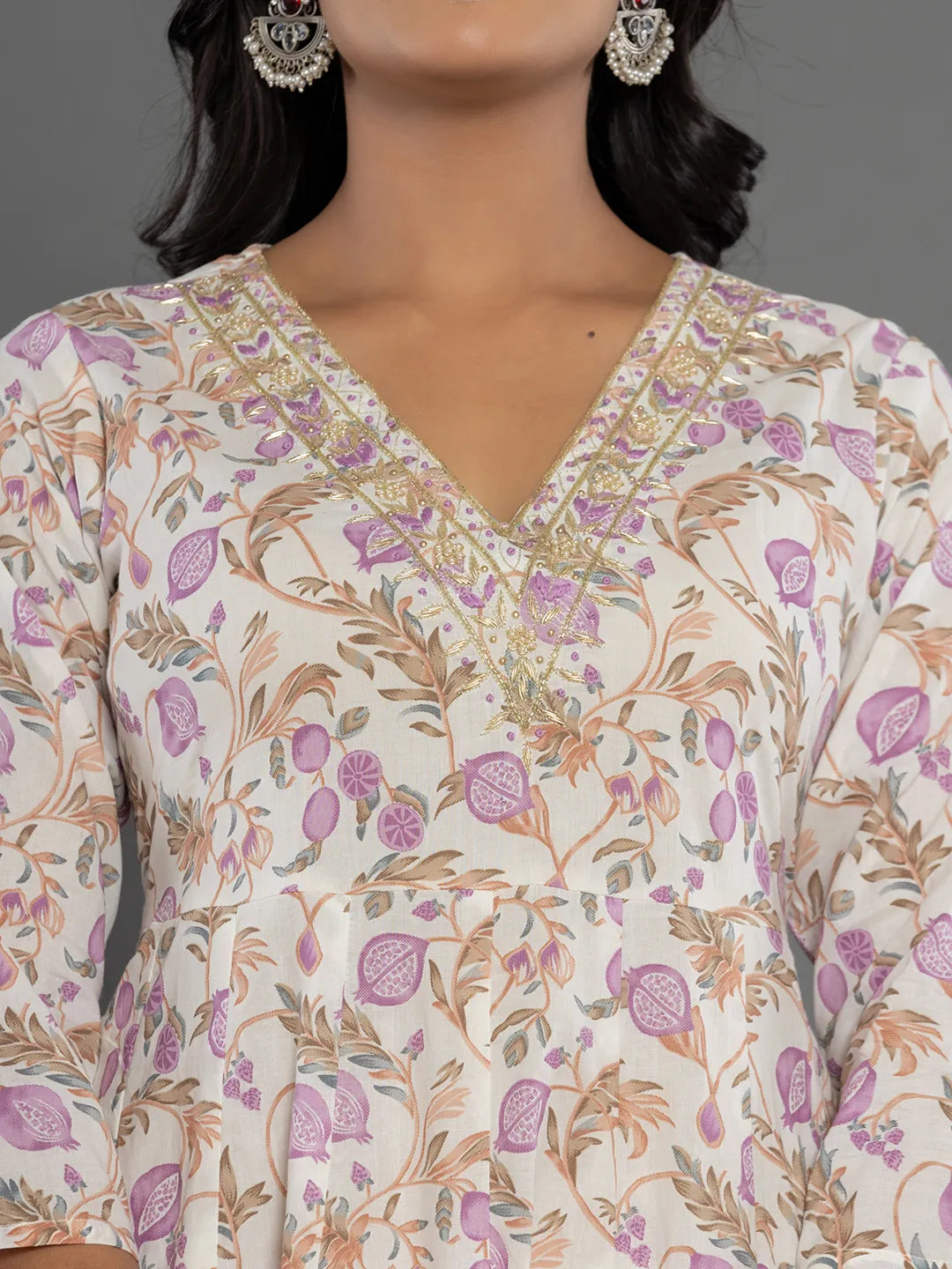 Yufta Purple Beads & Stones Cotton Anarkali Kurta Dupatta Pant Set