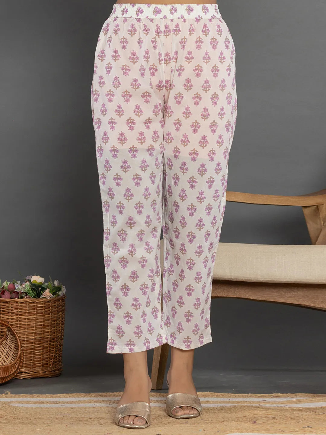 Yufta Purple Beads & Stones Cotton Anarkali Kurta Dupatta Pant Set