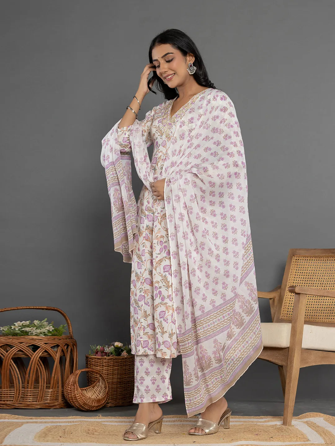 Yufta Purple Beads & Stones Cotton Anarkali Kurta Dupatta Pant Set