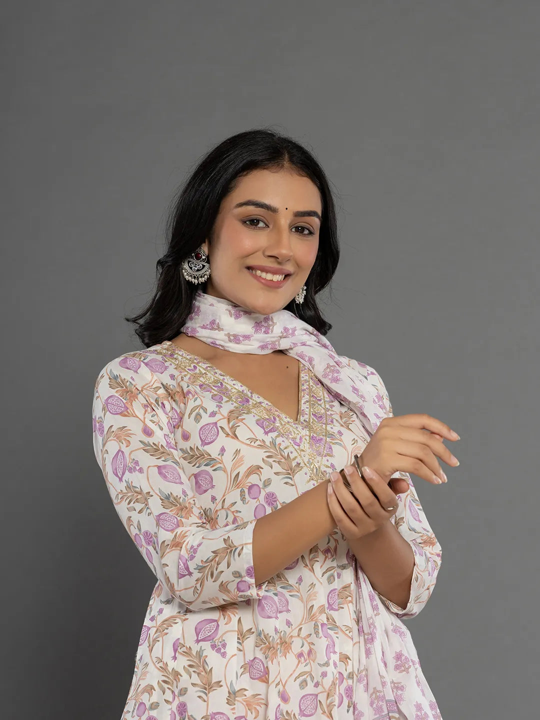 Yufta Purple Beads & Stones Cotton Anarkali Kurta Dupatta Pant Set