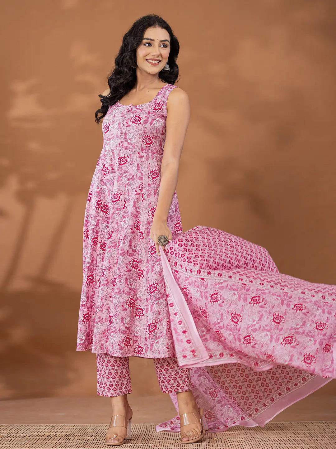Yufta Purple Cotton Anarkali Square Neck Kurta Dupatta Set