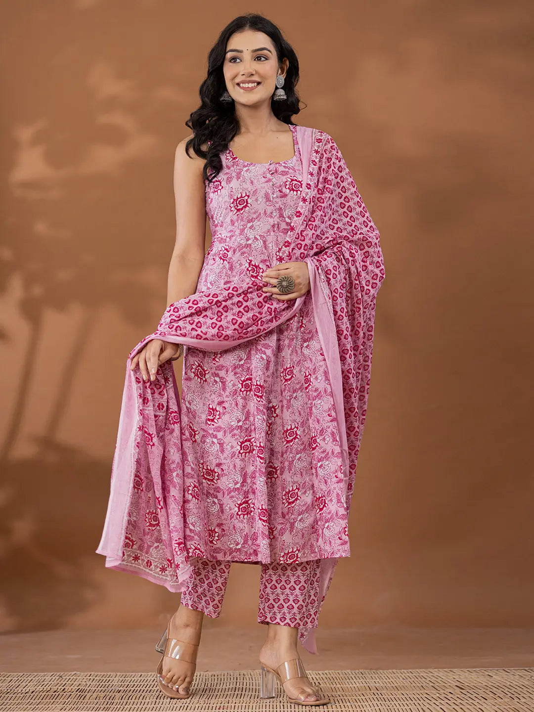 Yufta Purple Cotton Anarkali Square Neck Kurta Dupatta Set