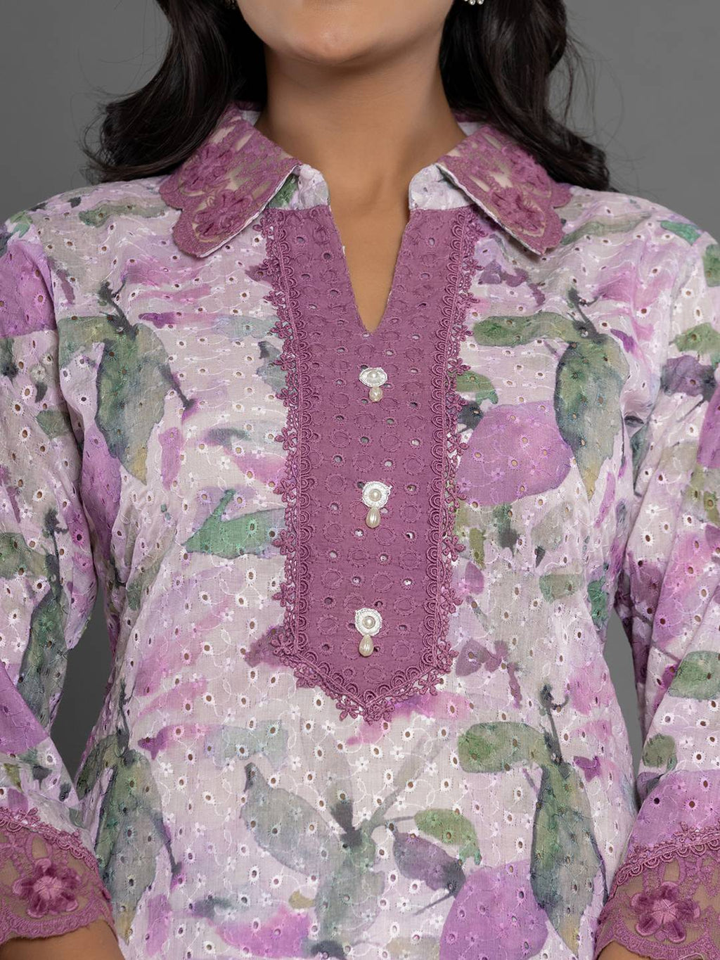 Yufta Purple Cotton Schiffli Co-Ord Set With Lace