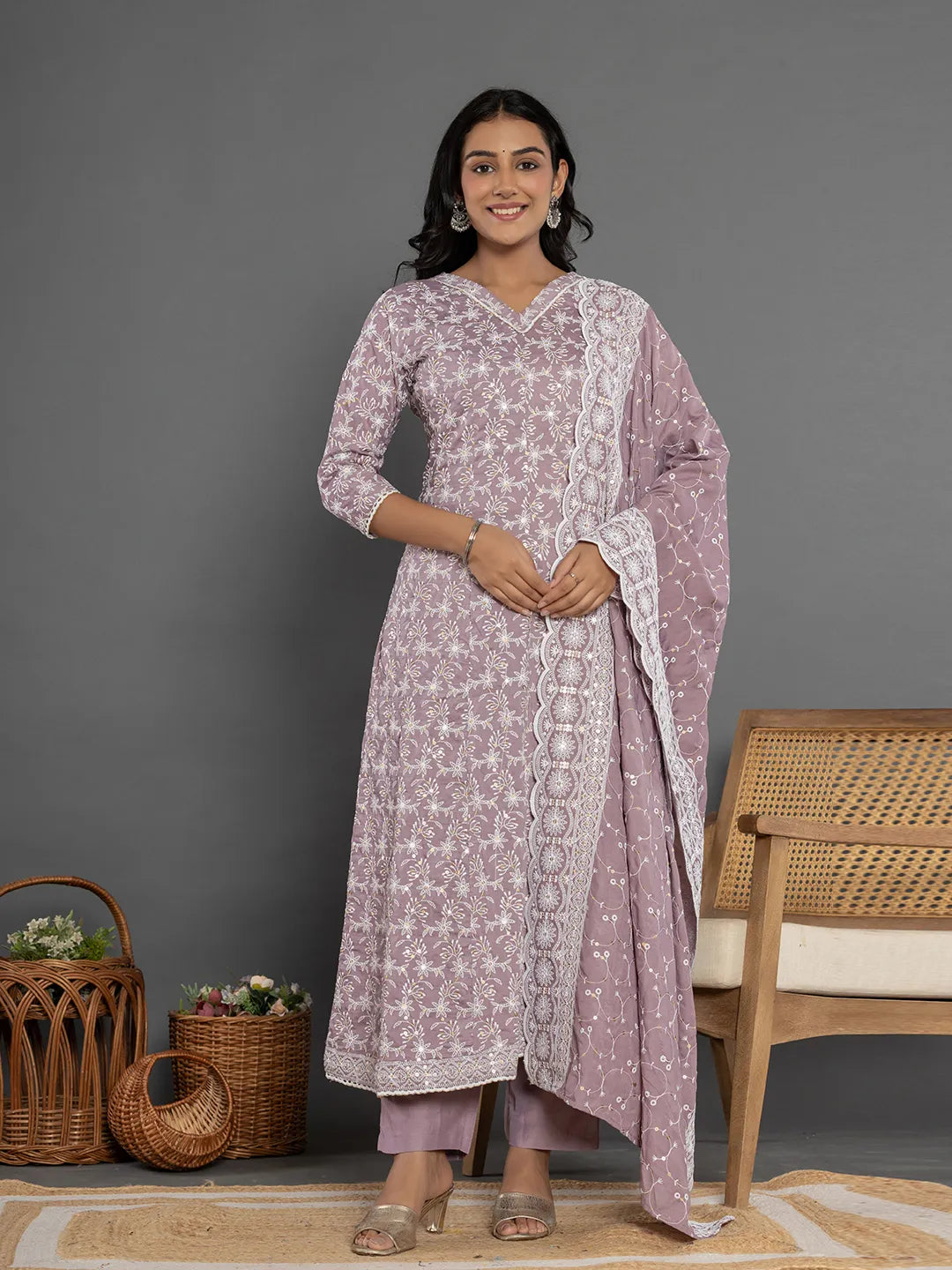Yufta Purple Cotton Silk Embroidered Anarkali Kurta Dupatta Set
