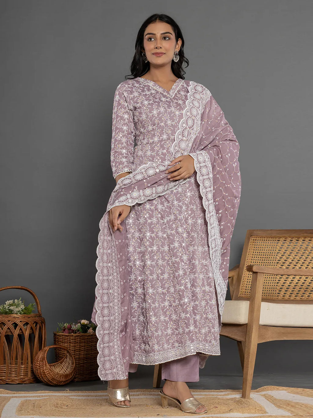 Yufta Purple Cotton Silk Embroidered Anarkali Kurta Dupatta Set