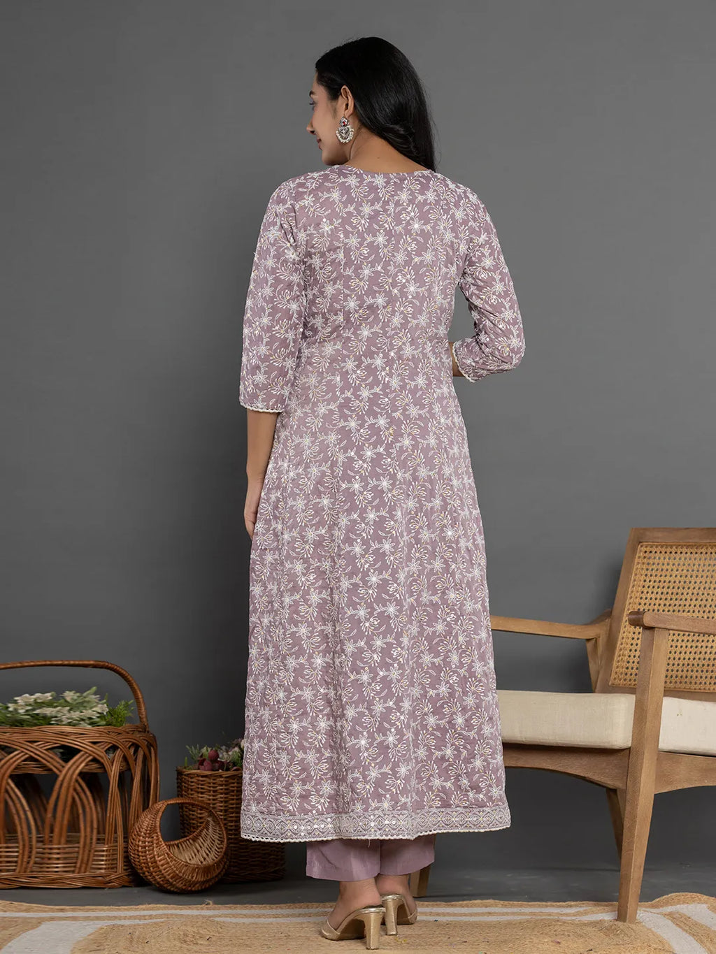 Yufta Purple Cotton Silk Embroidered Anarkali Kurta Dupatta Set