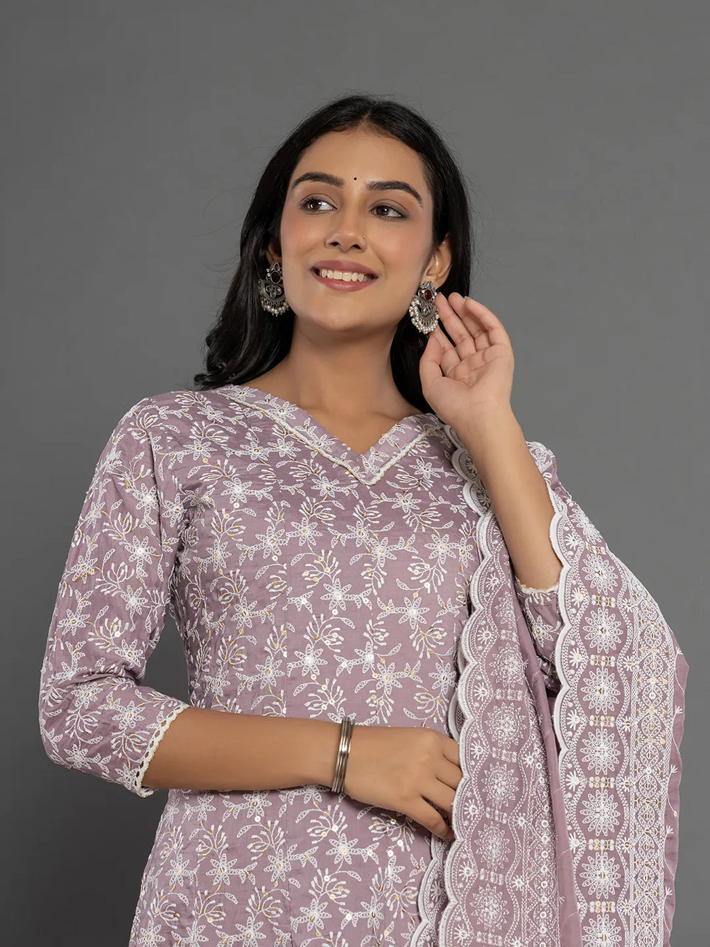 Yufta Purple Cotton Silk Embroidered Anarkali Kurta Dupatta Set