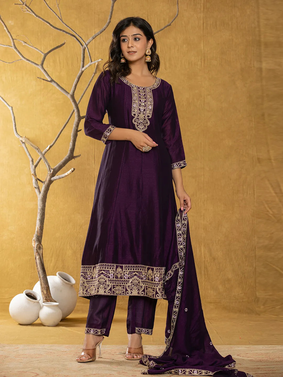 Yufta Purple Embroidered Anarkali Kurta Dupatta Set
