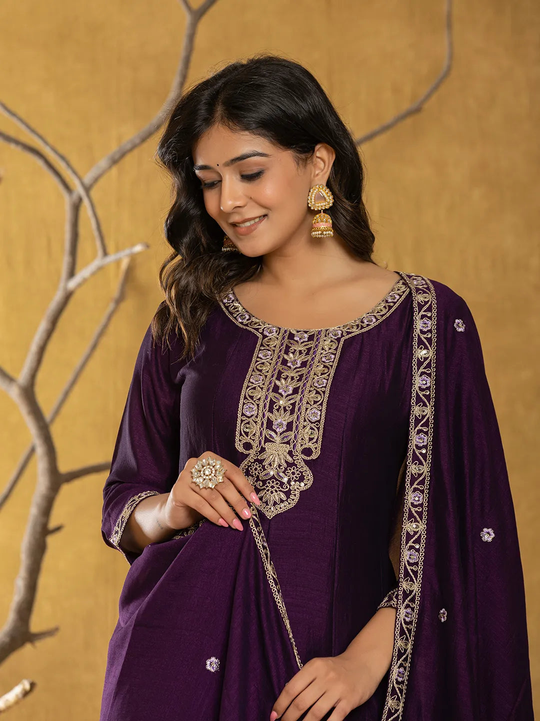 Yufta Purple Embroidered Anarkali Kurta Dupatta Set