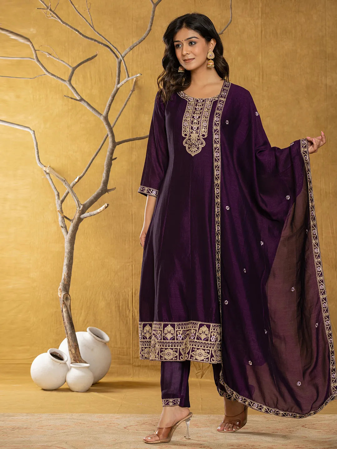 Yufta Purple Embroidered Anarkali Kurta Dupatta Set