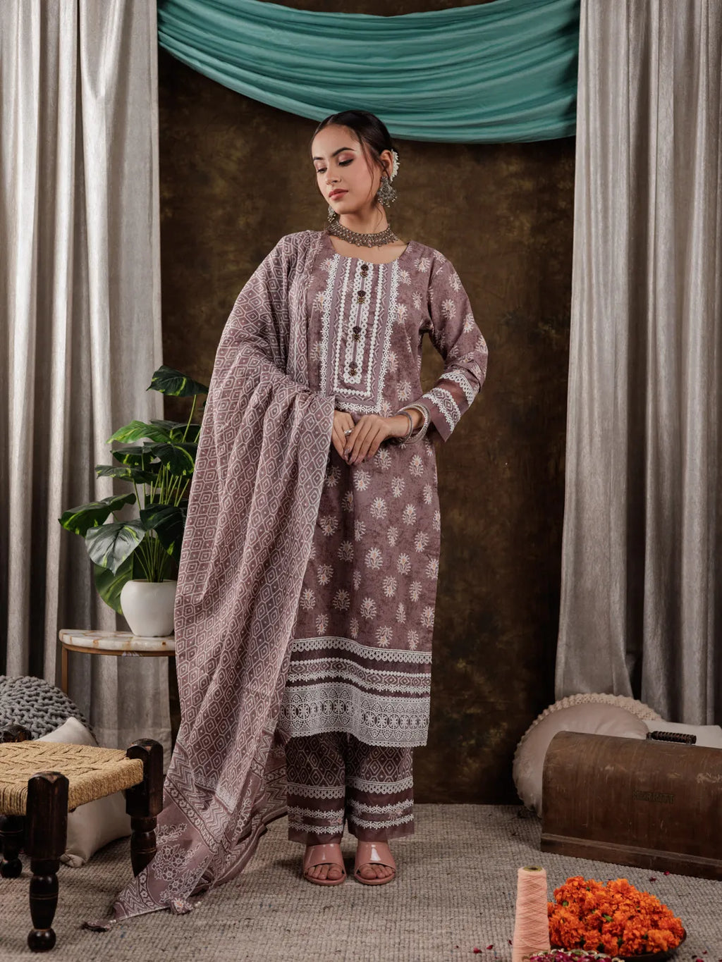 Yufta Purple Ethnic Motifs Pure Cotton Kurta Dupatta Set With Lace Detailing