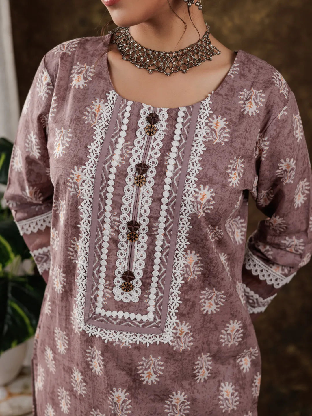 Yufta Purple Ethnic Motifs Pure Cotton Kurta Dupatta Set With Lace Detailing