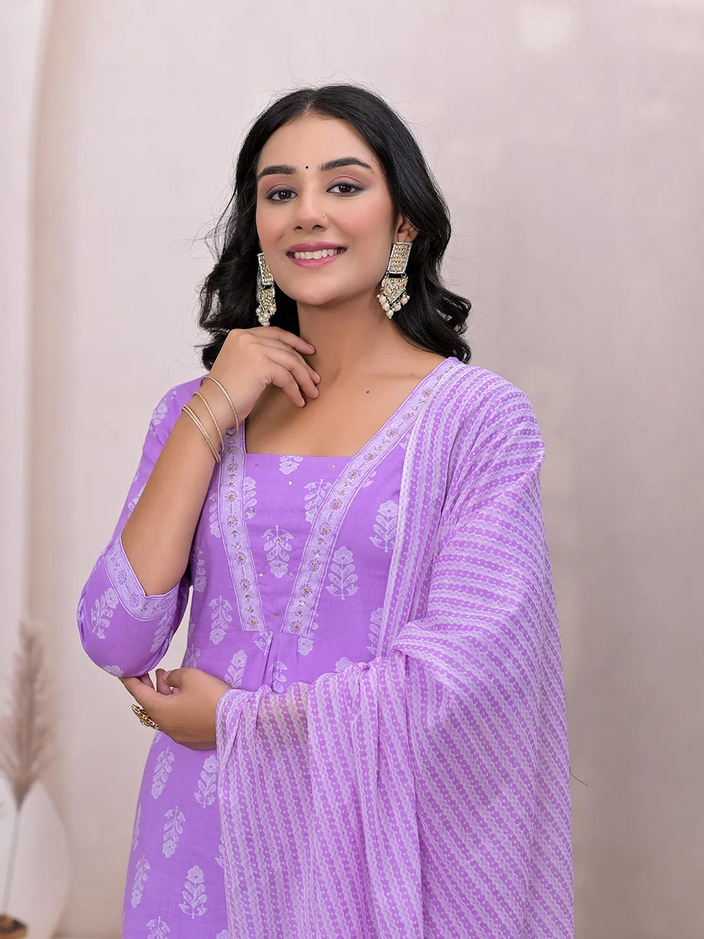 Yufta Purple Floral Cotton A-Line Suit Set