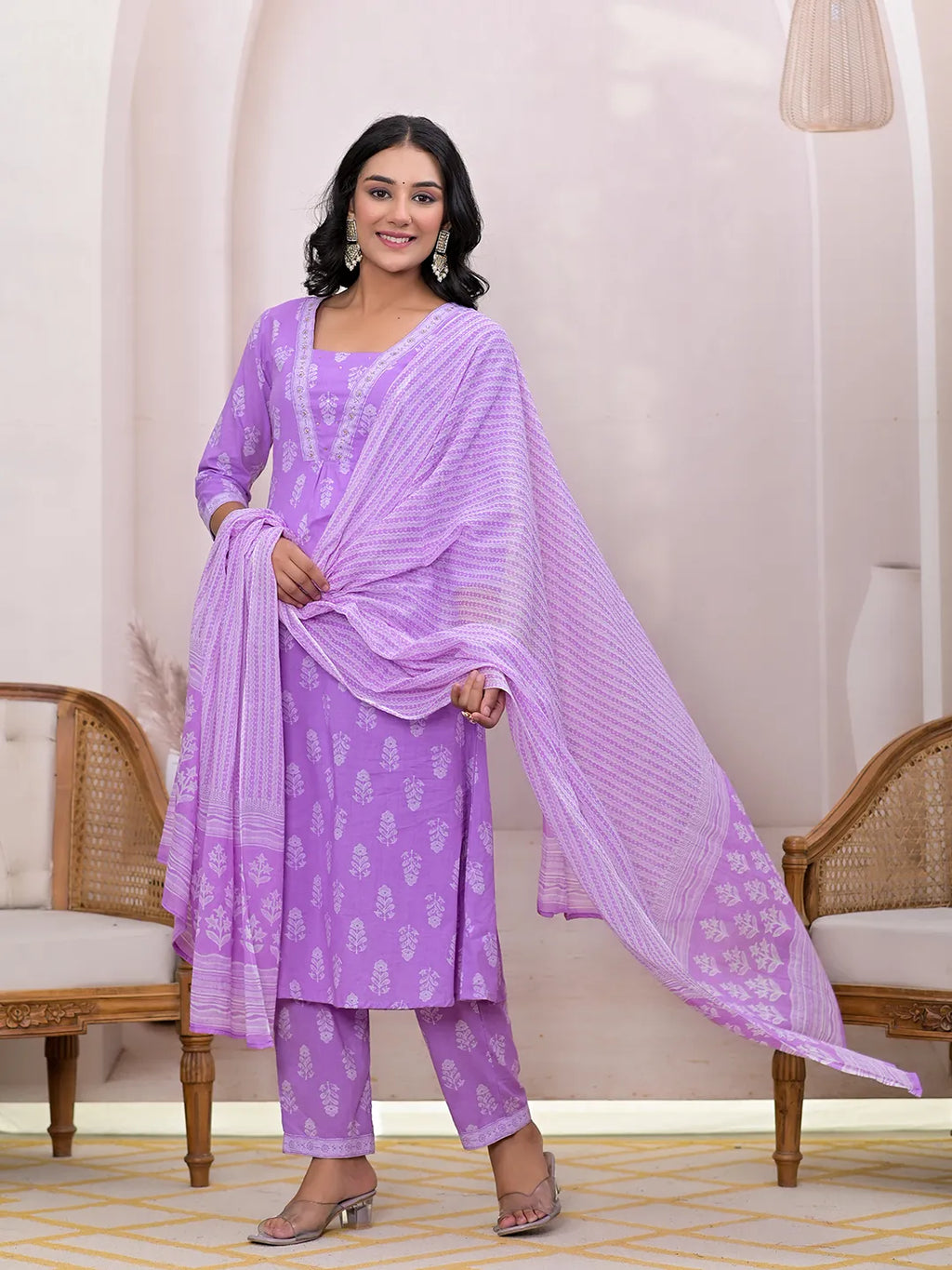 Yufta Purple Floral Cotton A-Line Suit Set