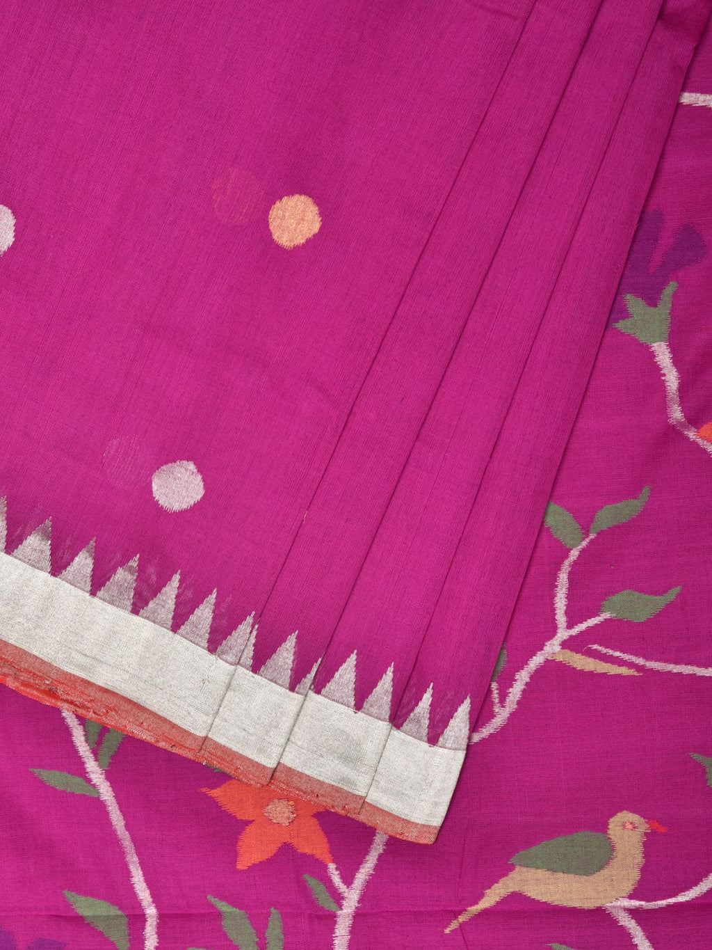 Purple Khadi Cotton Handloom Saree with Plant and Birds Pallu Design - Global Threads