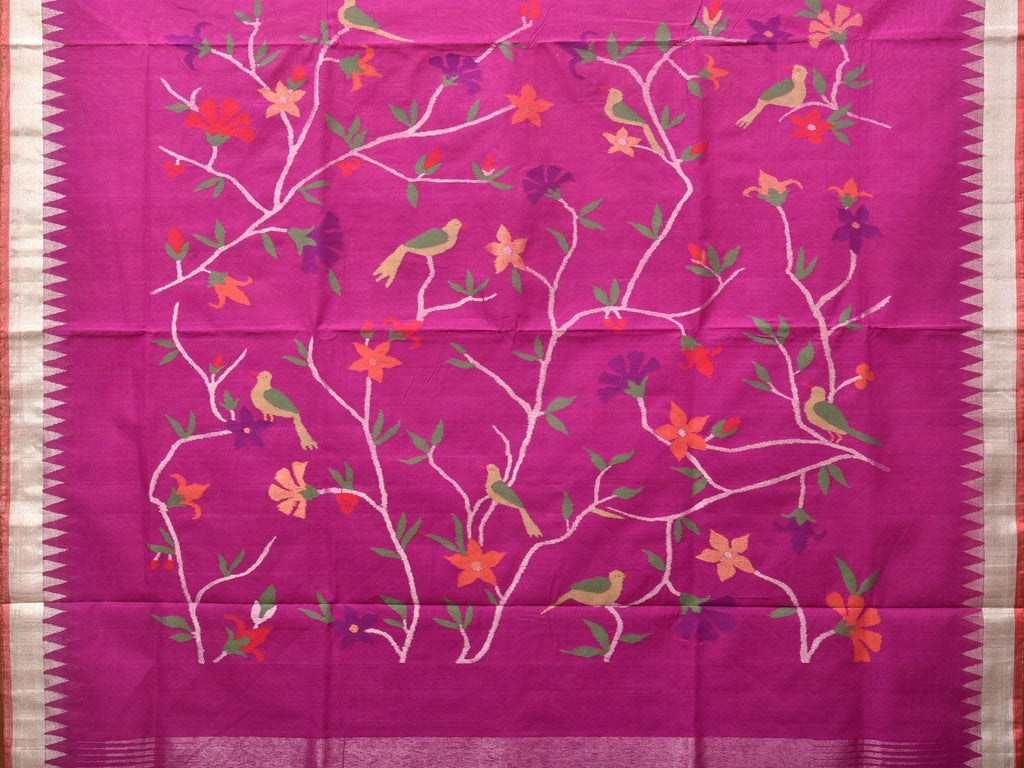 Purple Khadi Cotton Handloom Saree with Plant and Birds Pallu Design - Global Threads