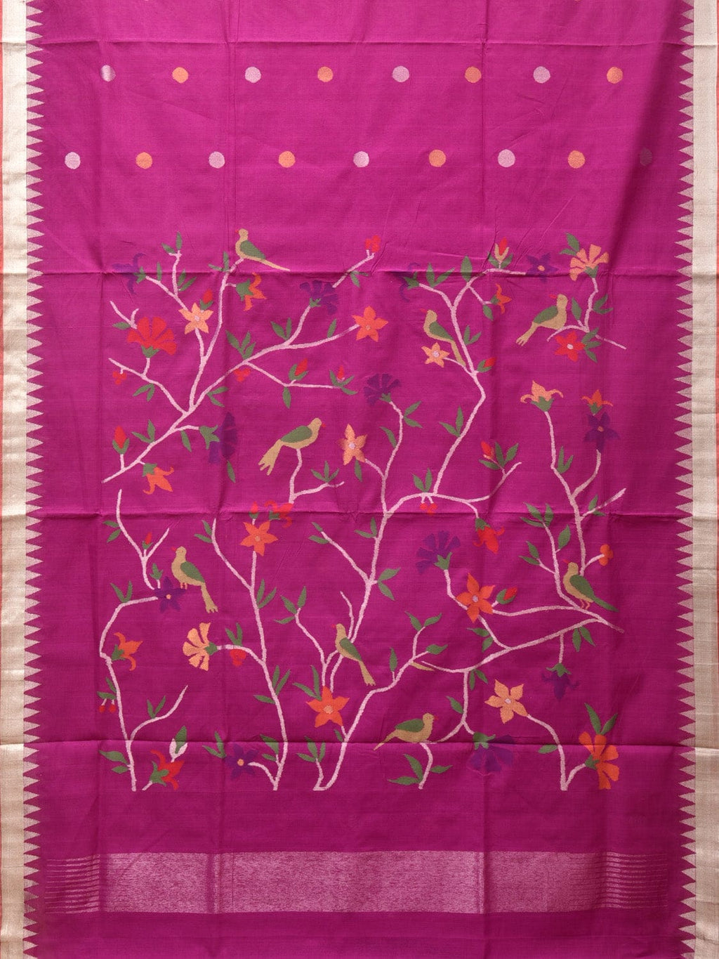 Purple Khadi Cotton Handloom Saree with Plant and Birds Pallu Design - Global Threads