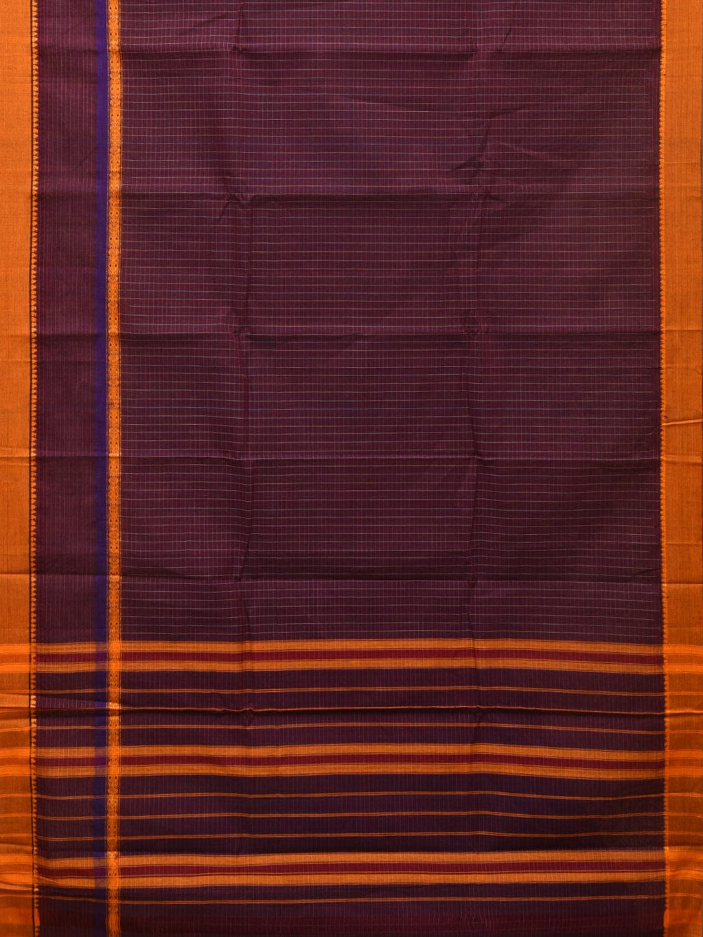 Purple Narayanpet Cotton Handloom Saree with Checks Design No Blouse - Global Threads