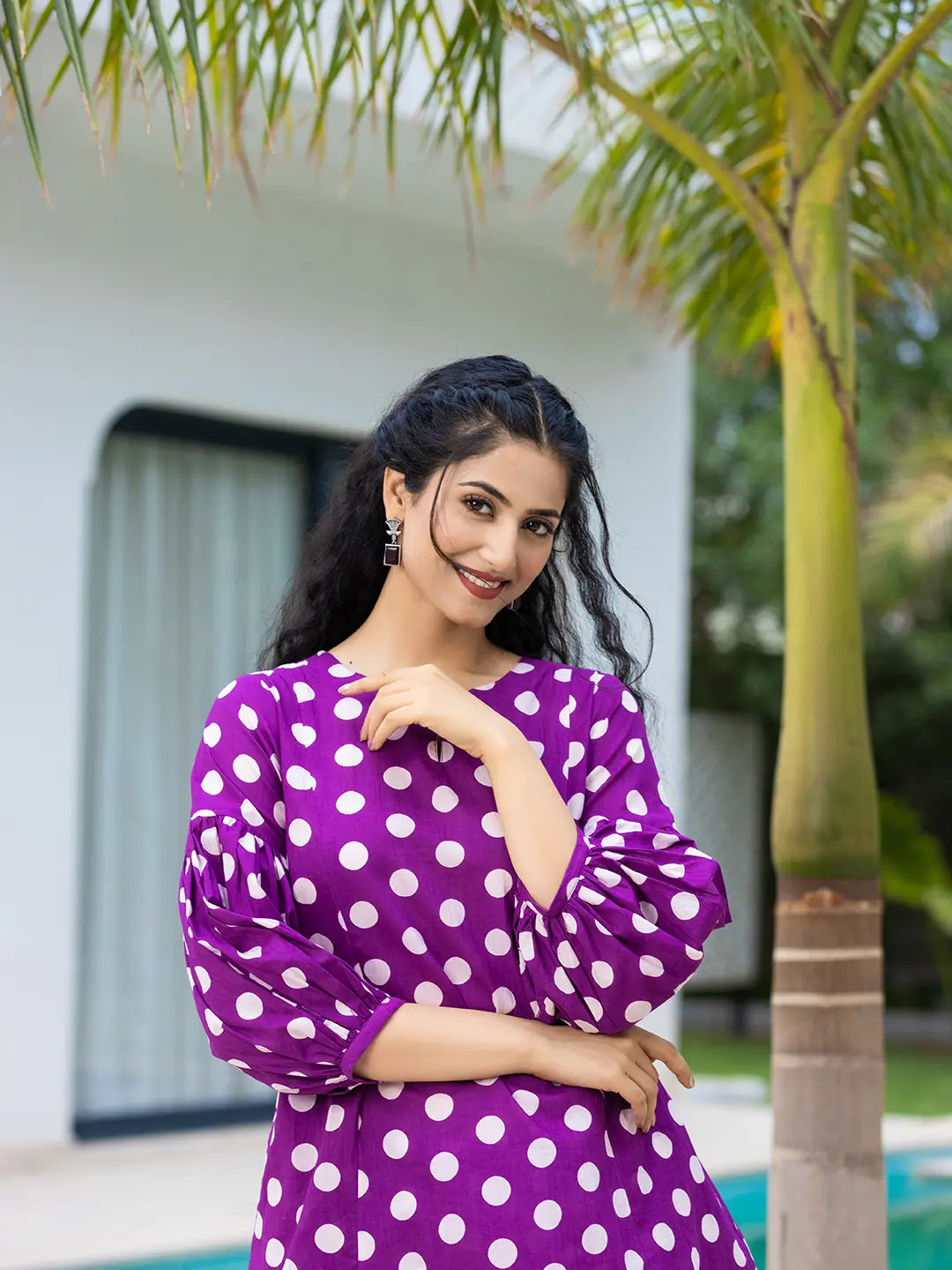 Yufta Purple Polka Dot Print Top And Trouser Co Ord Set