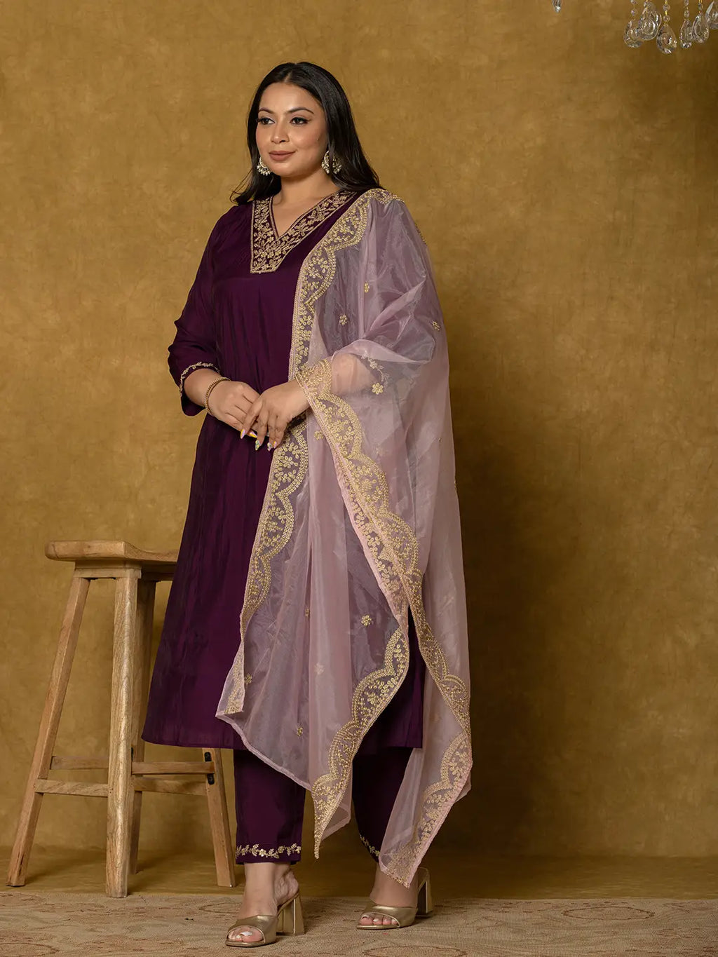 Yufta Purple Silk Embroidered Plus Size Kurta Dupatta Set