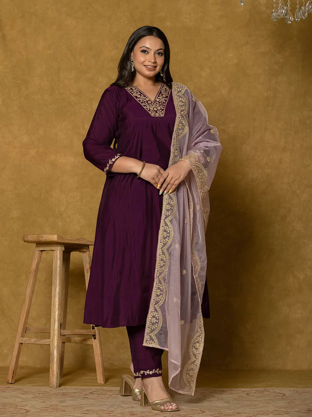 Yufta Purple Silk Embroidered Plus Size Kurta Dupatta Set