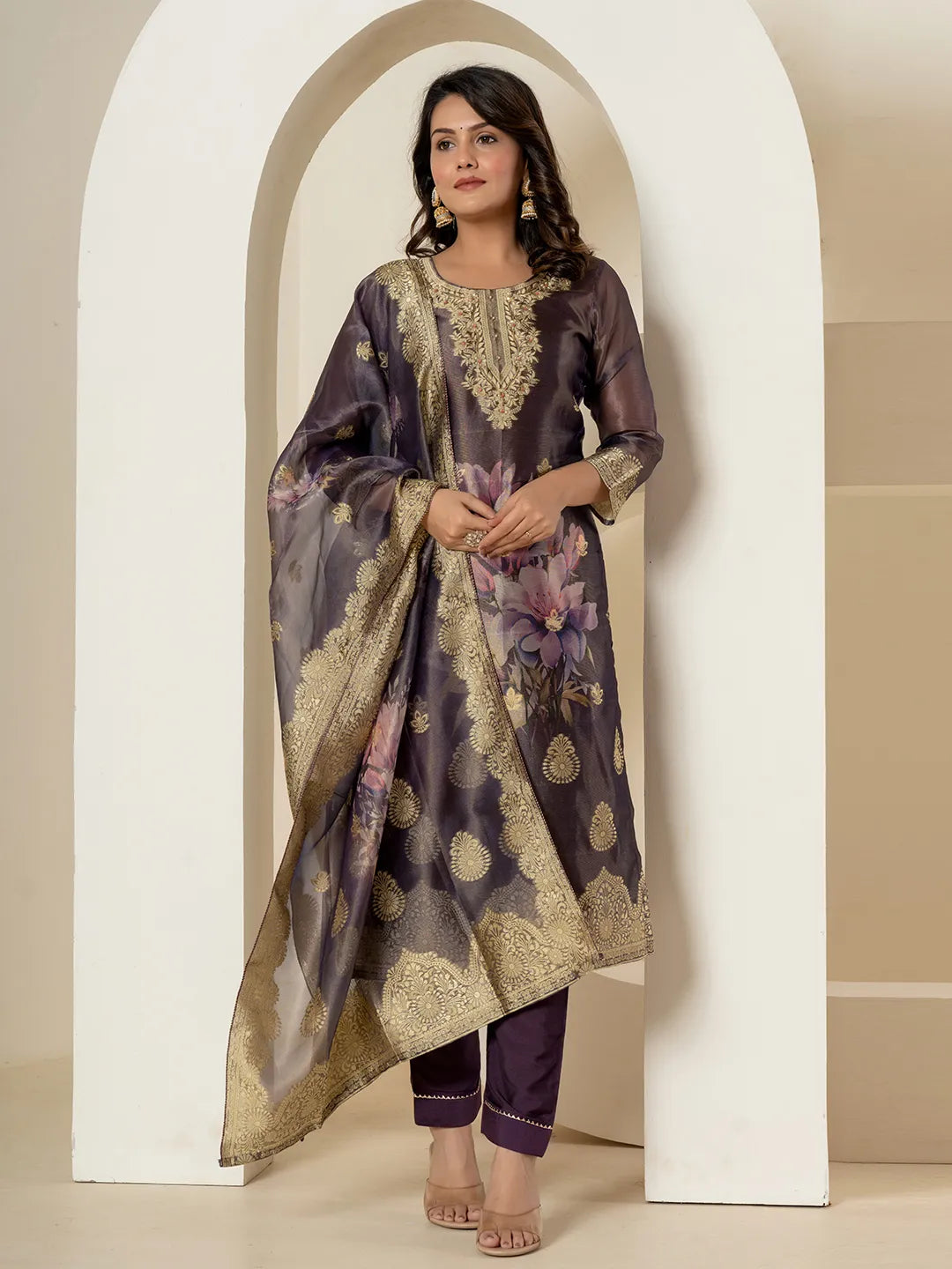 Yufta Purple Tissue Kurta Dupatta Pant Set