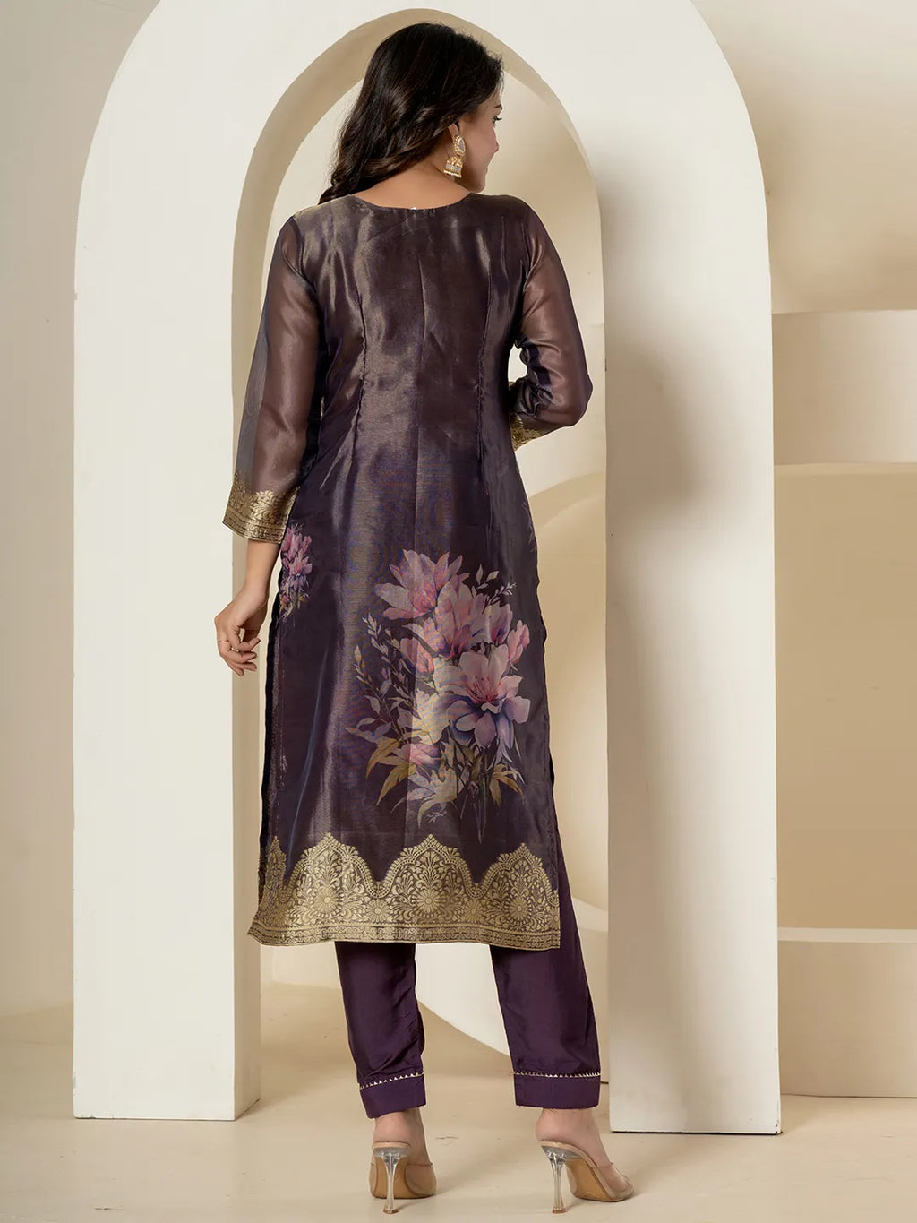 Yufta Purple Tissue Kurta Dupatta Pant Set