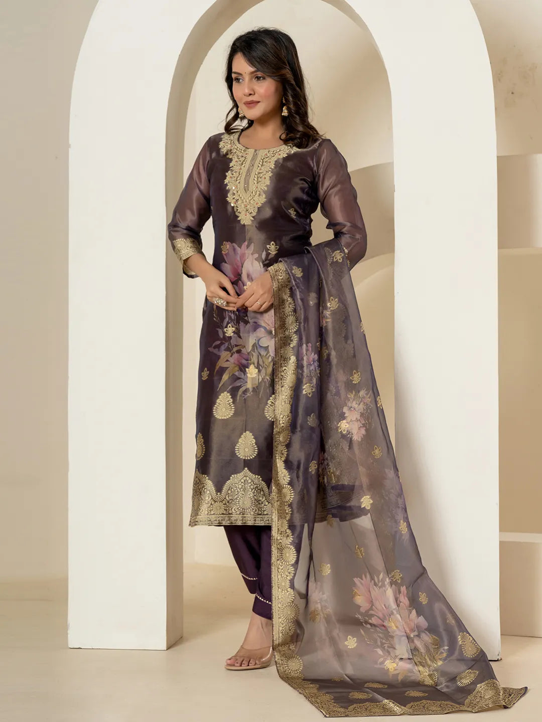 Yufta Purple Tissue Kurta Dupatta Pant Set