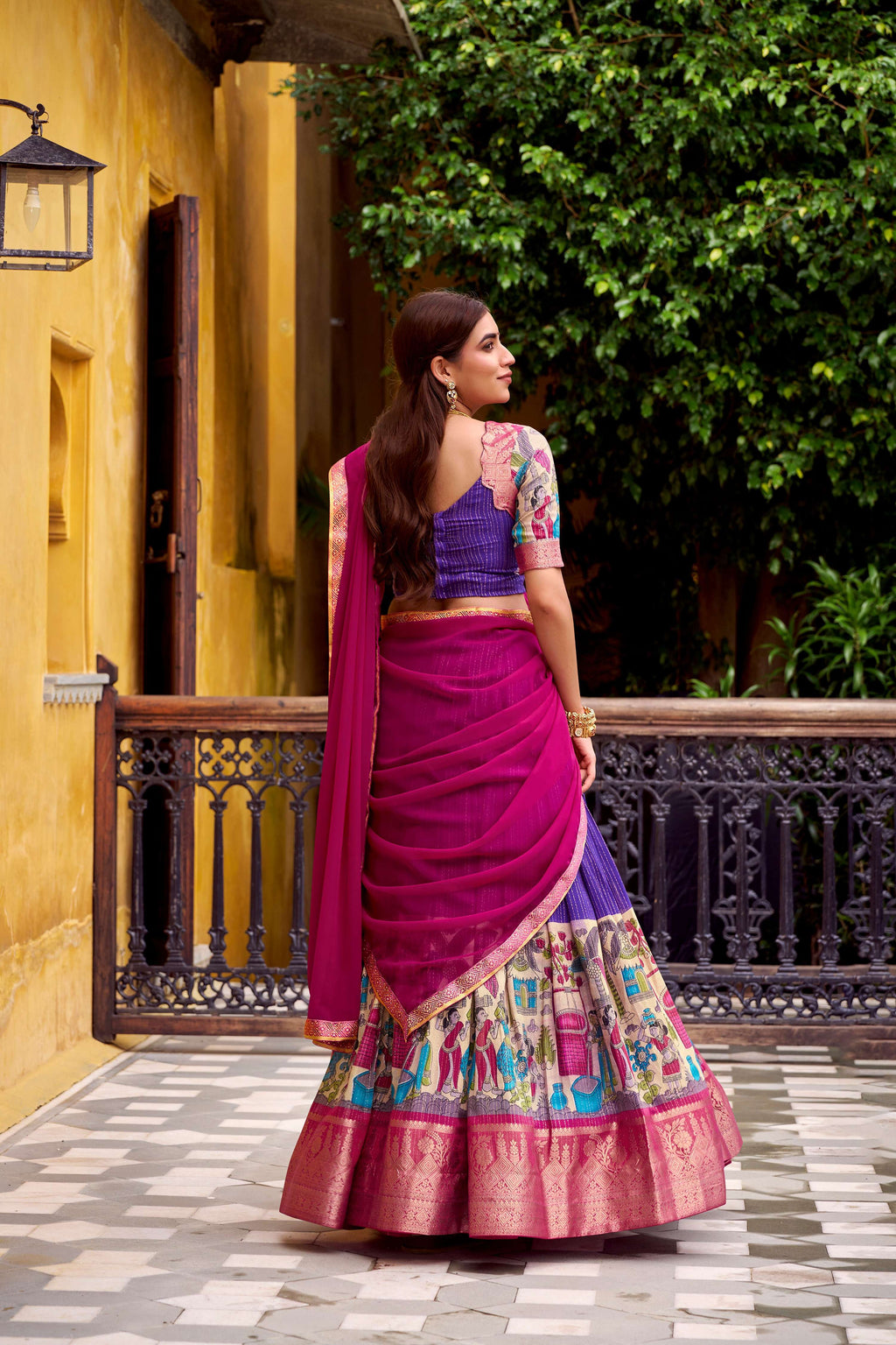 Evanik Purple South Style Kalamkari Print Design Zari Work Unstitched Lehenga Choli