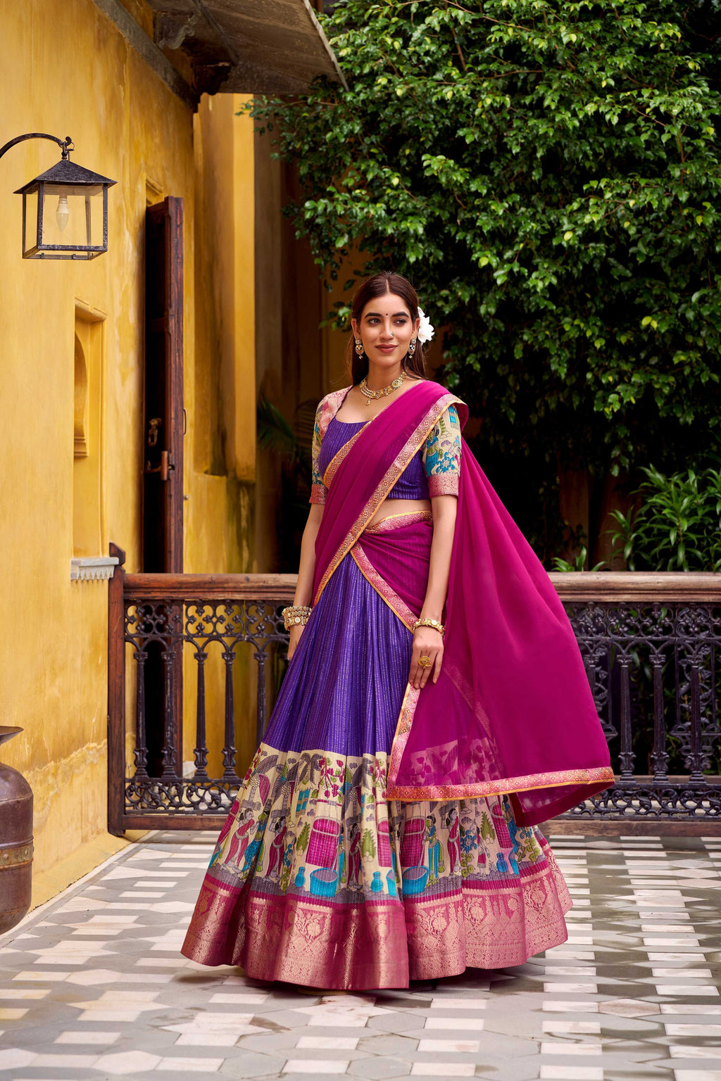 Evanik Purple South Style Kalamkari Print Design Zari Work Unstitched Lehenga Choli