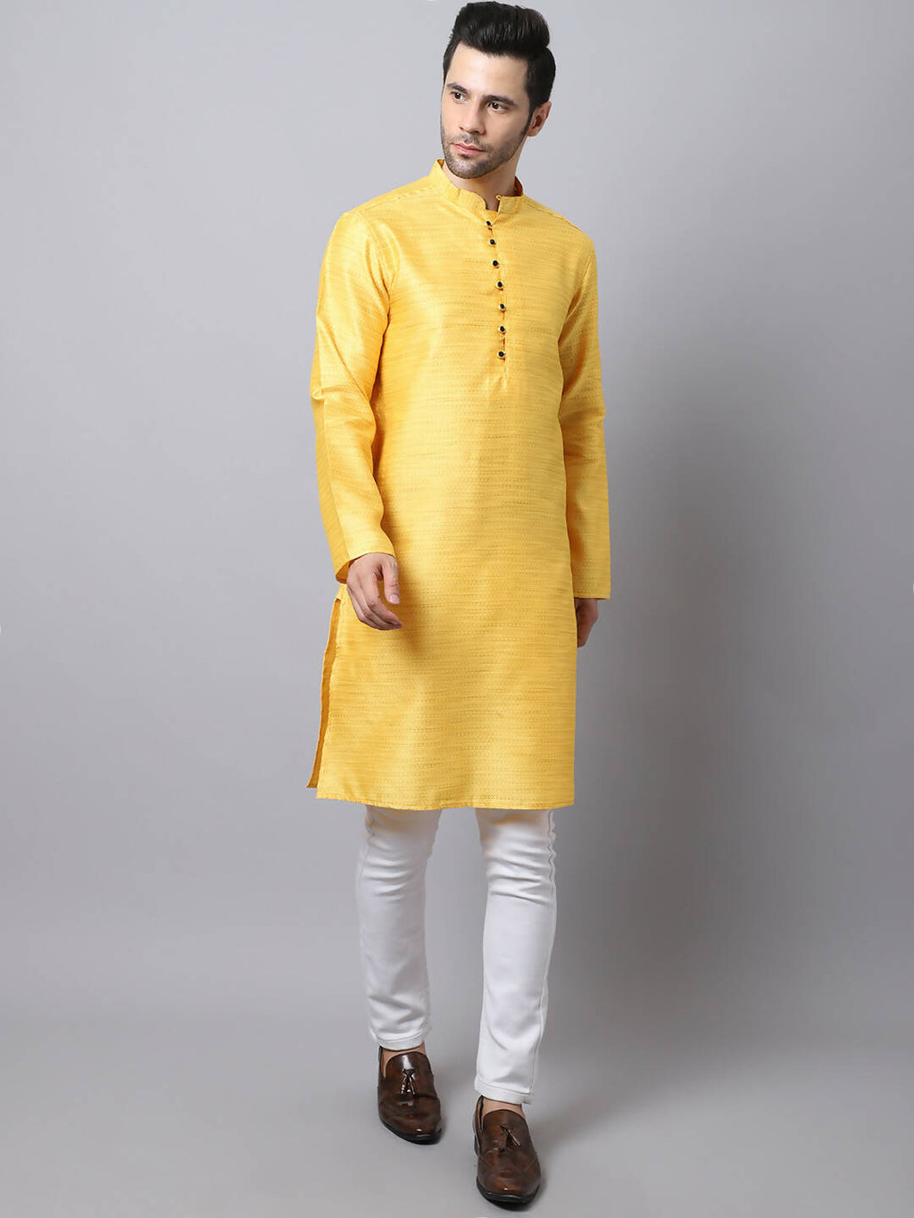 Even Apparels Yellow Pure Cotton Men's Kurta With Band Collar (SLK1187)