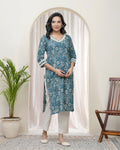 Vaasva Women Ferozi Cotton Printed Straight Kurti With Pant