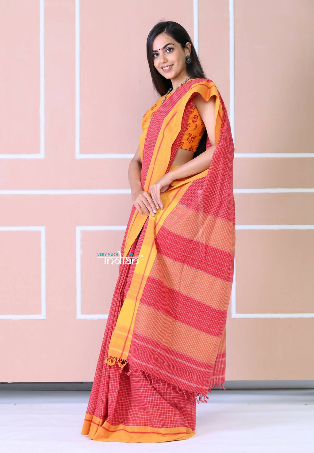Very Much Indian Traditional Patteda Anchu Ilkal Handloom Saree-Disperse Orange