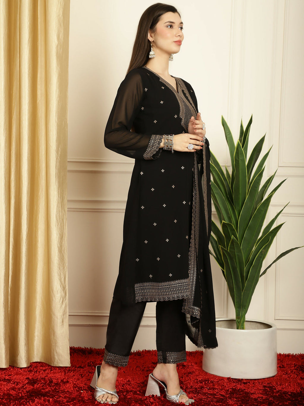 Jyoti Fashion Women's Black Georgette Resham Thread & Sequin Kurta with Trouser & Dupatta