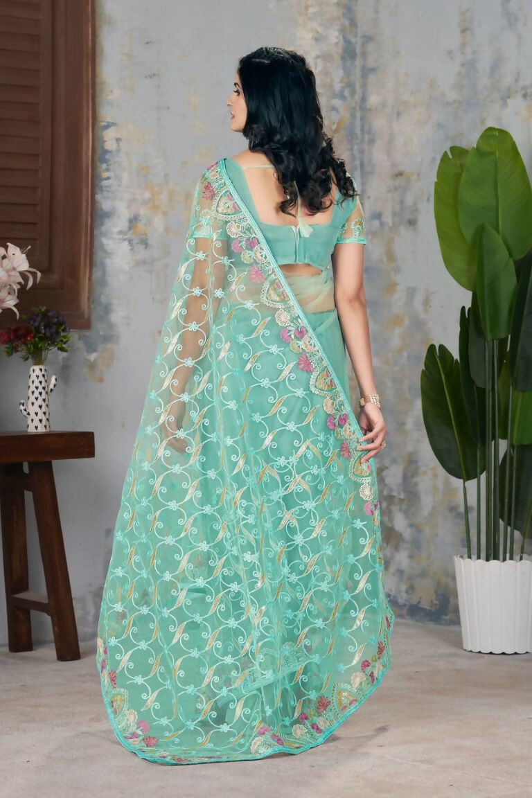 Vastranavya Soft Crush Georgette With Embroidery and Foil Multi Thread Work Saree - Turquoise