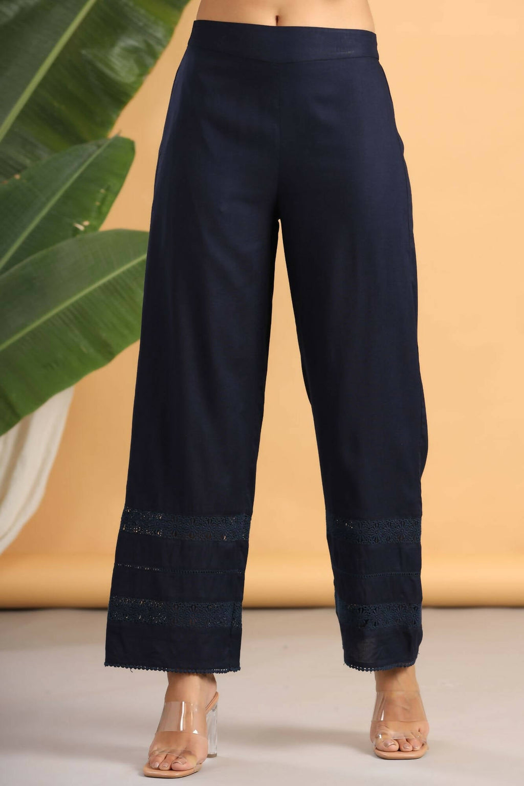 Juniper Women Navy Rayon Woven Design Flared Palazzo