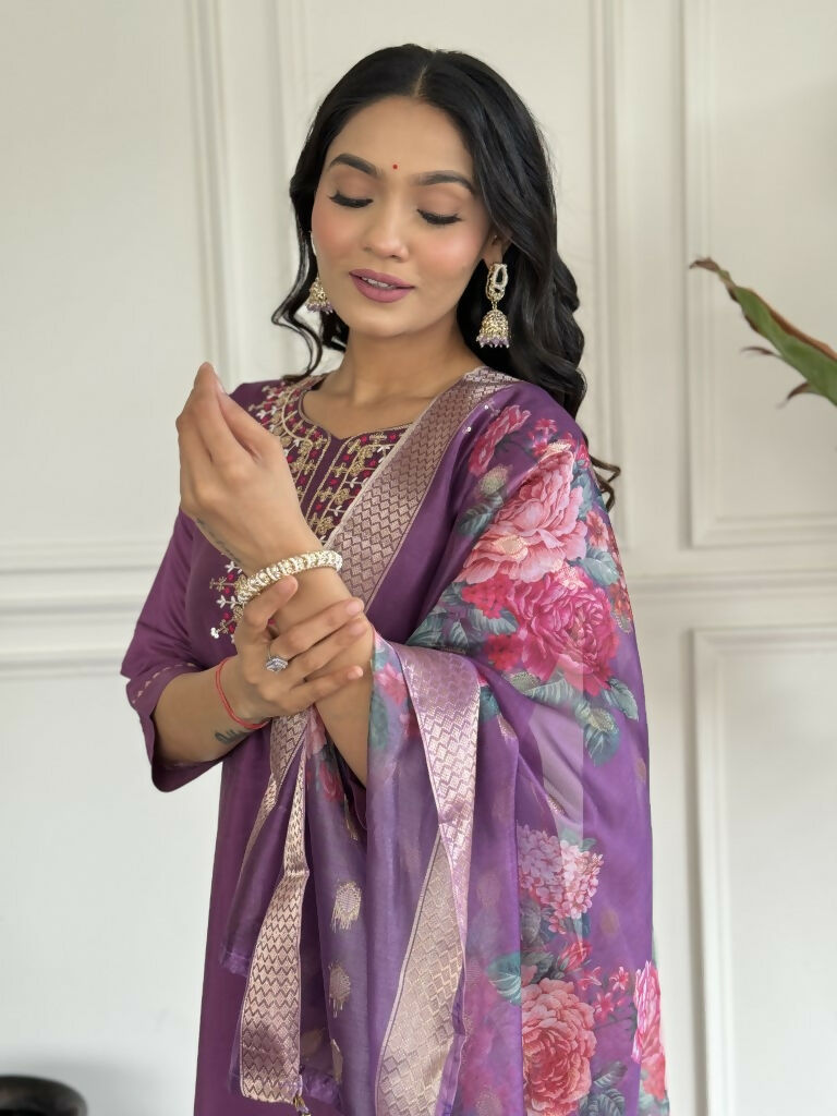 Purple Viscose chanderi Stitched Suit With Dupatta - Tanisha