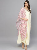 Ahalyaa Women's Cream Crepe kurta With Printed Dupatta Set