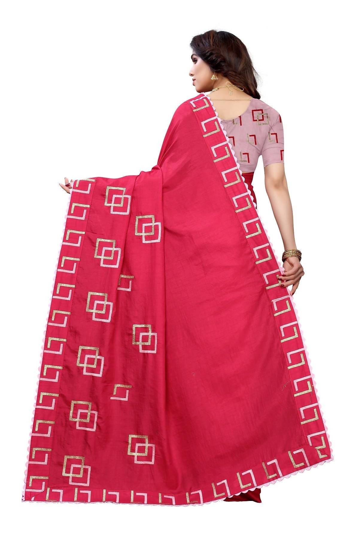 Vamika Red Dola Silk Embroidery Saree (MESHVI PINK)