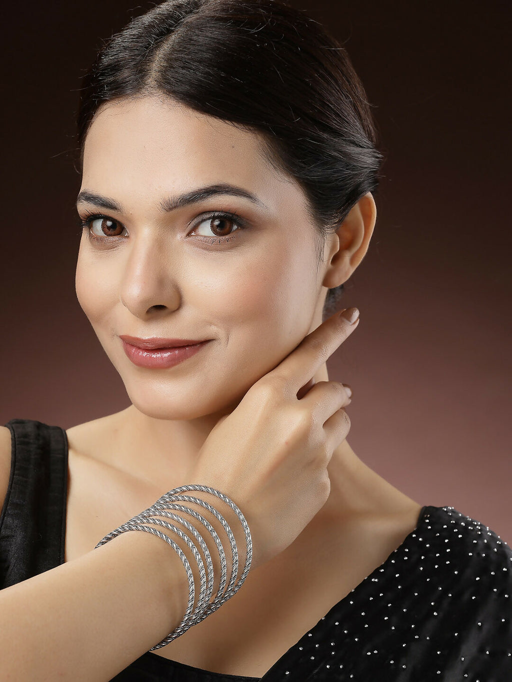 NVR Women's Set of 6 Silver-Toned German Silver Oxidised Bangles