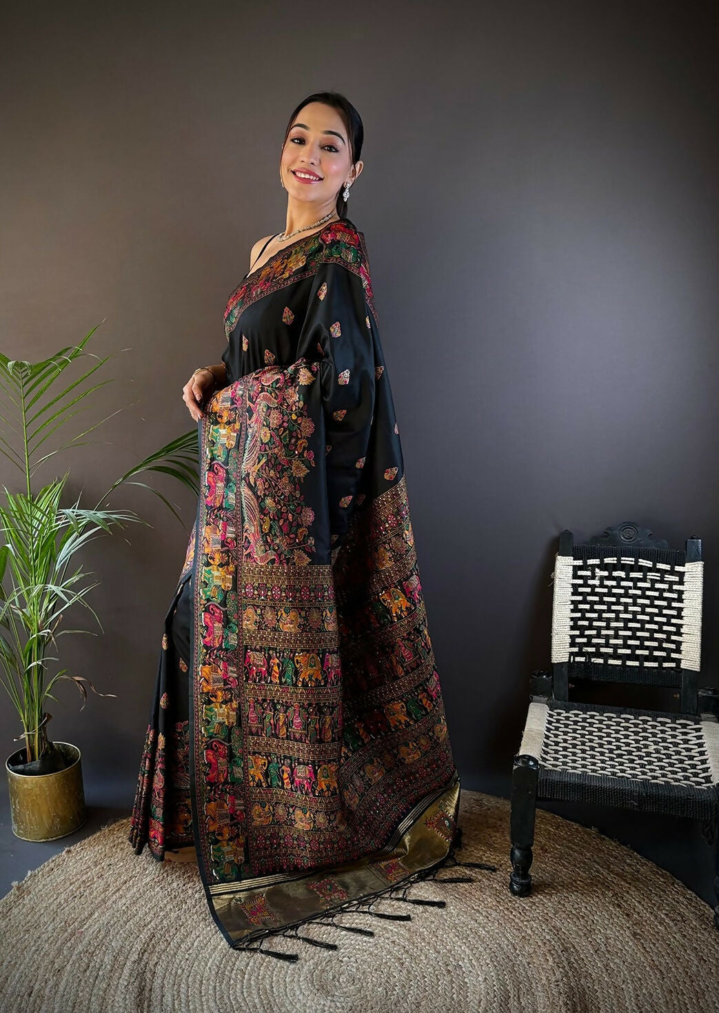Joban Fashion Black Meena Weaves Pashmina Sarees