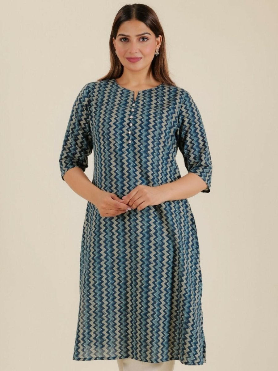 Aramya Blue Soft Cotton Chevron A-line Kurta for Women