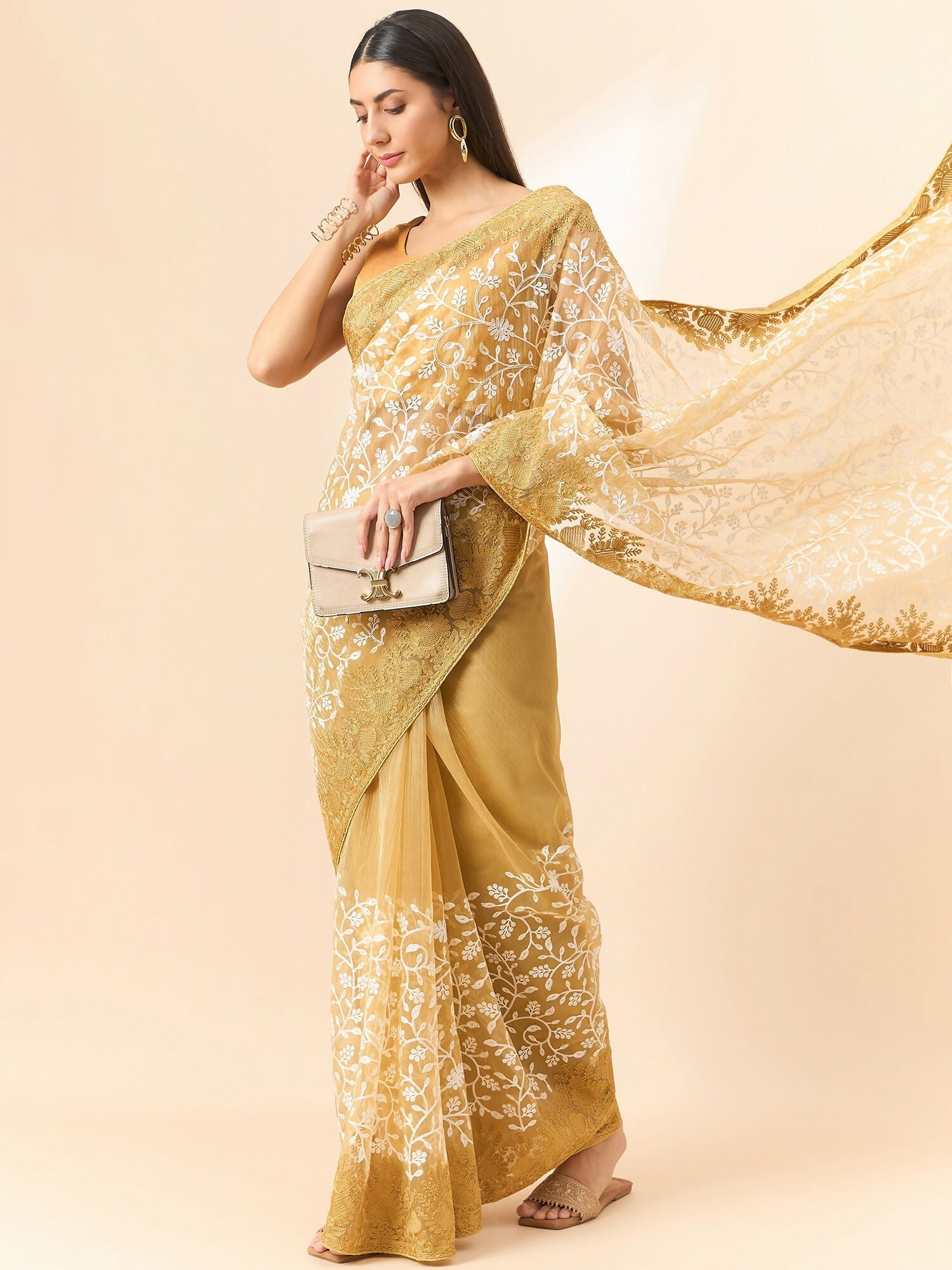 Beige Organza Floral Embroidered Saree with Unstitched Blouse Piece - Roozal